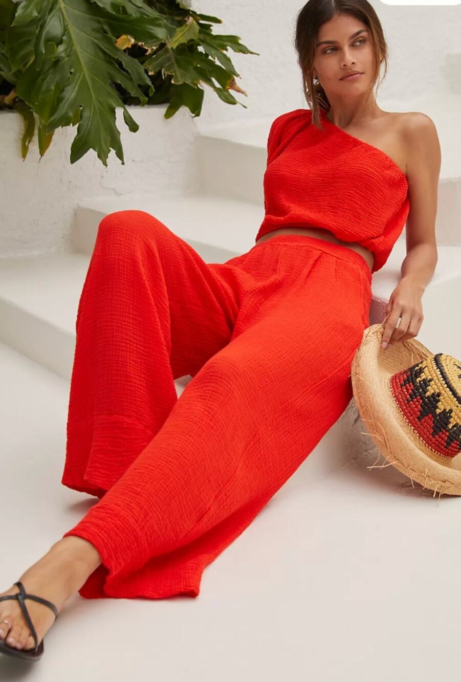 Stateside Wide-Leg Red Cotton Gauze SET Pants & Crop Top